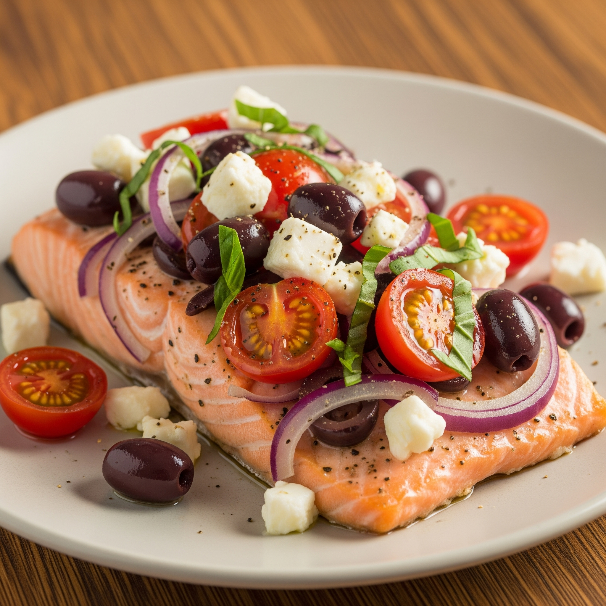 Salmão assado ao estilo mediterrâneo